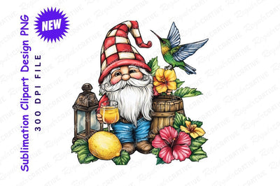 Garden Gnome With Hummingbird Drink Clipart Png Sublimation Regulrcrative 