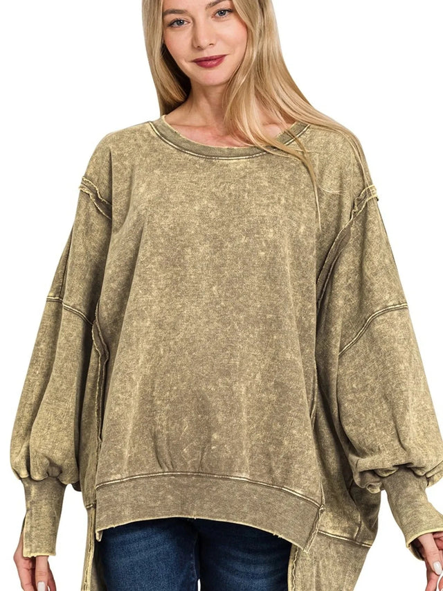 Garden Naked Acid Wash Exposed-Seam High Low Sweatshirt - Mocha | Blanks for HTV or Heat Transfer Physical Garden Naked Apparel MOCHA S/M 