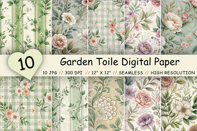 Garden Toile Digital Paper Pack, Vintage Floral Toile, Gingham & Stripe Seamless Patterns, Wedding, Scrapbooking & Printable Crafts Digital Pattern FloridPrintables 