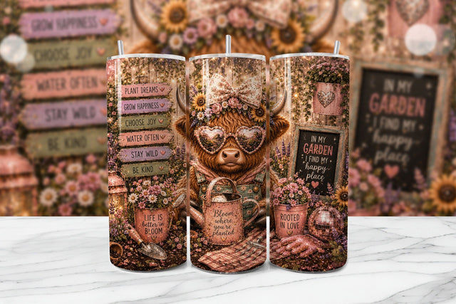 Gardening Highland Cow Tumbler Wrap PNG Sublimation BijouBay 