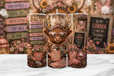 Gardening Highland Cow Tumbler Wrap PNG Sublimation BijouBay 