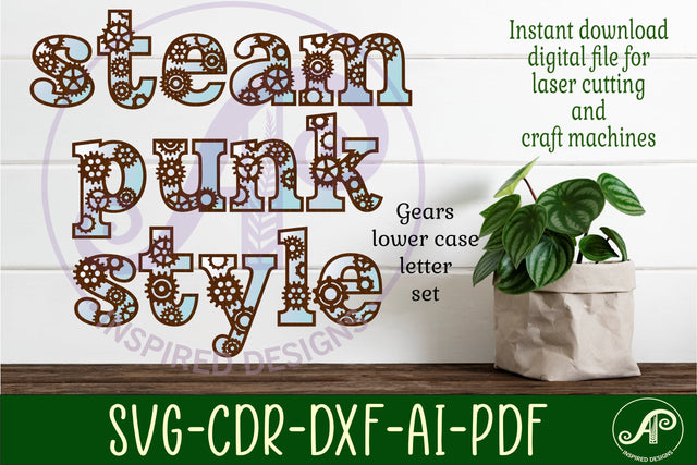 Gear Steampunk lowe case alphabet letter set bundle 43 SVG APInspireddesigns 
