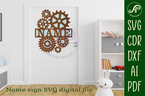 Gears name sign svg laser cut file SVG APInspireddesigns 
