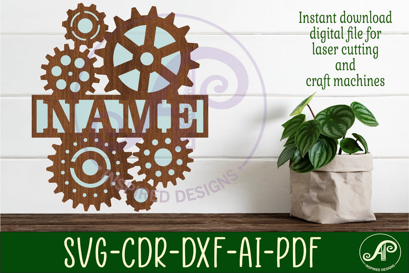 Gears name sign svg laser cut file SVG APInspireddesigns 
