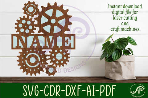 Gears name sign svg laser cut file SVG APInspireddesigns 
