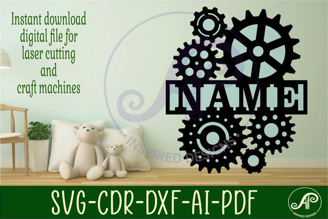 Gears name sign svg laser cut file SVG APInspireddesigns 