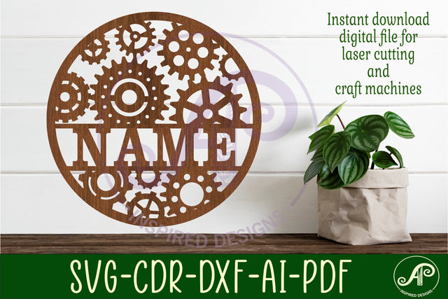 Gears steampunk name sign svg laser cut template SVG APInspireddesigns 