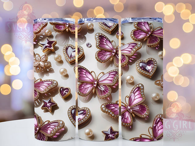Gem Butterfly Heart Star 20oz Tumbler, Gemstone Theme, Butterfly Motif, Heart Design, Star Pattern, Glow Effect, Mystical Charm, Sublimation PNG Sublimation SvggirlplusArt 