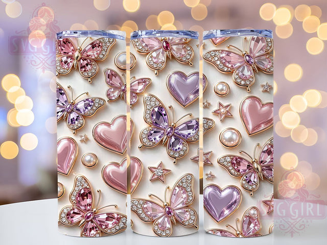 Gem Butterfly Pearl 20oz Tumbler Wrap, Gem Motif, Butterfly Theme, Pearl Accent, Elegant Style, Whimsical Charm, Skinny Tumbler, Sublimation PNG Sublimation SvggirlplusArt 