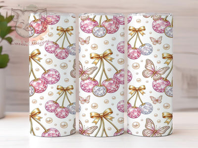 Gem Cherries & Bows 20oz Tumbler, Gem Cherries, Bow Design, Fruit Motif, Whimsical Charm, Retro Style, Skinny Tumbler, Sublimation PNG Sublimation Lara' s Designs 