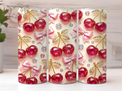 Gem Cherries & Hearts 20oz Tumbler, Gem Cherries, Heart Motif, Fruit Pattern, Romantic Charm, Whimsical Style, Skinny Tumbler, Sublimation PNG Sublimation Lara' s Designs 