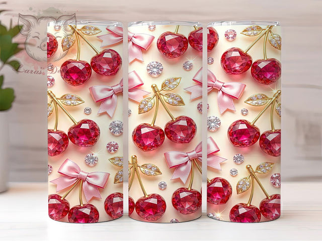 Gem Cherries & Hearts 20oz Tumbler, Gem Cherries, Heart Motif, Fruit Pattern, Romantic Charm, Whimsical Style, Skinny Tumbler, Sublimation PNG Sublimation Lara' s Designs 