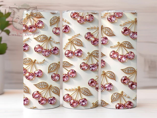 Gem Cherry Crystal Glow 20oz Tumbler, Gemstone Motif, Cherry Accent, Crystal Design, Glow Effect, Elegant Charm, Skinny Tumbler, Sublimation PNG Sublimation Lara' s Designs 