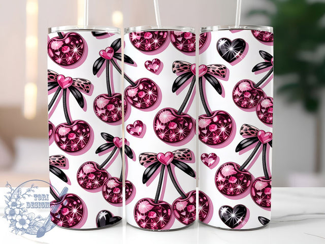 Gem Cherry Leopard 20oz Tumbler Wrap, Gem Motif, Cherry Pattern, Leopard Print, Whimsical Charm, Bold Style, Skinny Tumbler, Sublimation PNG Sublimation ToriDesigns 