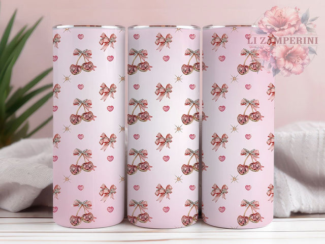 Gem Heart Cherry Glow 20oz Tumbler, Gem Heart, Cherry Motif, Glow Effect, Luxe Style, Elegant Charm, Skinny Tumbler, Sublimation PNG Sublimation Li Zamperini 