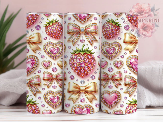 Gem Strawberry Hearts 20oz Tumbler, Gem Strawberry, Heart Motif, Fruit Pattern, Romantic Charm, Whimsical Style, Skinny Tumbler, Sublimation PNG Sublimation Li Zamperini 