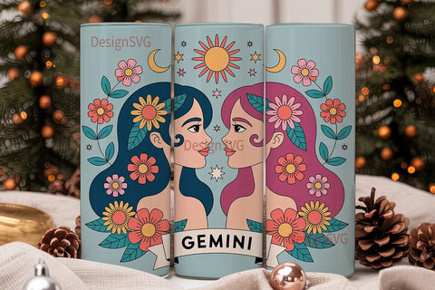 Gemini Zodiac Floral Tumbler Wrap Sublimation DesignSVG 