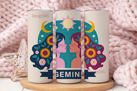 Gemini Zodiac Floral Tumbler Wrap Sublimation DesignSVG 