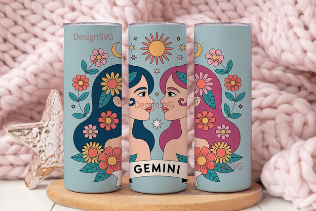 Gemini Zodiac Floral Tumbler Wrap Sublimation DesignSVG 