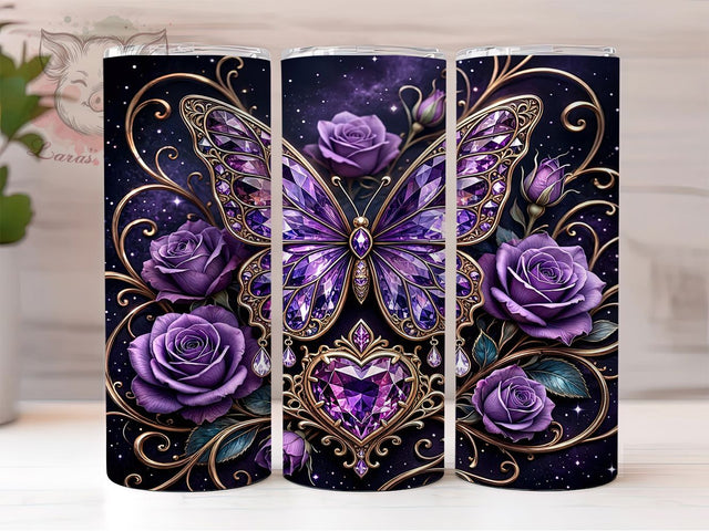 Gemstone Butterfly Rose Glow 20oz Tumbler, Gemstone Motif, Butterfly Design, Rose Flower, Glow Effect, Romantic Charm, Skinny Tumbler, Sublimation PNG Sublimation Lara' s Designs 