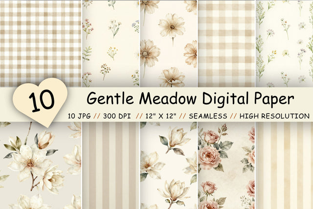 Gentle Meadow Digital Paper Pack, Neutral Floral Seamless Patterns, Cottagecore Spring Printable Crafts Digital Pattern FloridPrintables 