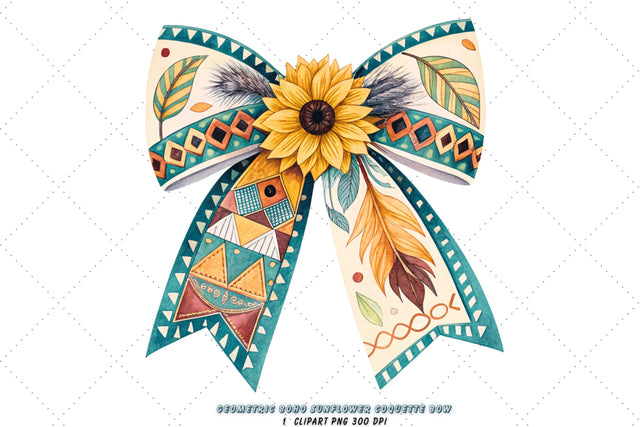 Geometric Boho Sunflower Coquette Bow Clipart, geometric boho bow, sunflower coquette bow, modern bow design, boho sunflower clipart, digital bow design, patterned geometric bow, sunflower bow art, boho modern design Sublimation FloridPrintables 