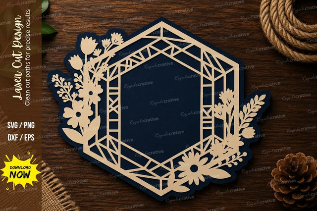 Geometric Floral Hexagon Frame Laser Cut SVG File SVG Regulrcrative 