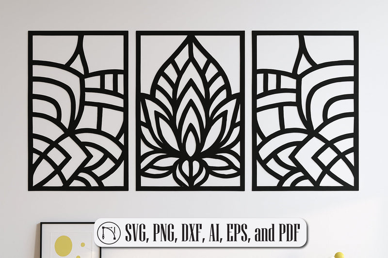 Geometric Lotus Triptych Wall Art SVG - So Fontsy