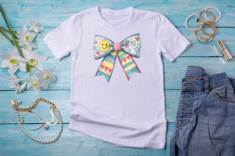 Geometric Retro Smiley Coquette Bow Clipart, geometric retro bow, smiley coquette bow, modern bow design, retro smiley clipart, digital bow design, patterned geometric bow Sublimation FloridPrintables 