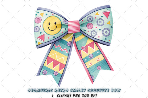Geometric Retro Smiley Coquette Bow Clipart, geometric retro bow, smiley coquette bow, modern bow design, retro smiley clipart, digital bow design, patterned geometric bow Sublimation FloridPrintables 