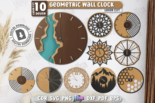 Geometric Wall Clock Laser Cut Bundle | Decorative Clock | Modern Interior | Home Décor | CNC Files SVG The T Store Design 