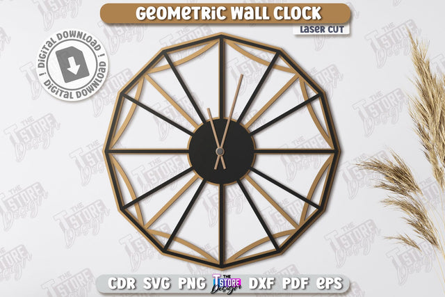 Geometric Wall Clock Laser Cut | Decorative Clock | Modern Interior | Home Décor | CNC File SVG The T Store Design 