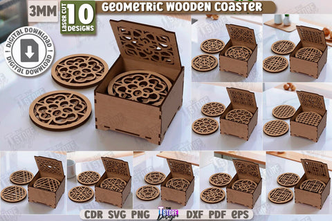 Geometric Wooden Coasters Laser Cut Bundle | Cup Coasters | Festive Table | Kitchen Decor | Laser Engraving | Home Décor | Drinks Coasters | Stand for Hot | Modern Coasters | Coffee Coasters | CNC Files SVG The T Store Design 