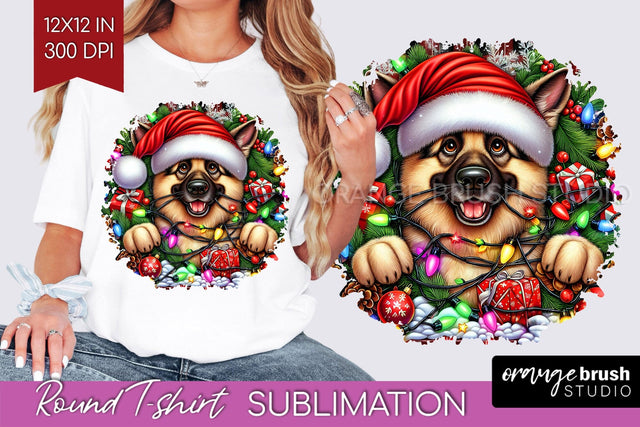 German Shepherd Christmas Dog Round Tshirt PNG Sublimation OrangeBrushStudio 