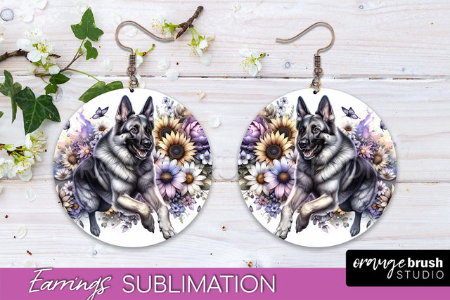 German Shepherd Earrings - Dog Mom Floral Round Earring Sublimation Sublimation OrangeBrushStudio 