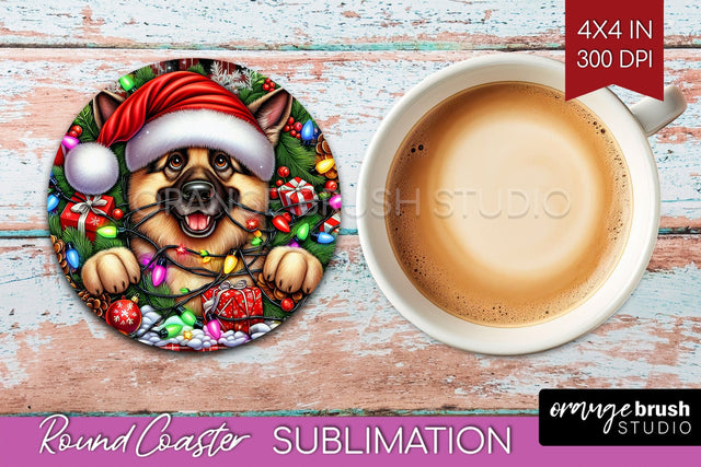 German Shepherd Funny Christmas Dog Round Coaster Sublimation OrangeBrushStudio 