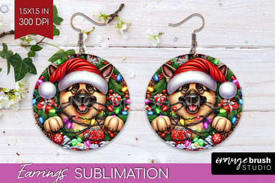German Shepherd Funny Christmas Dog Round Earrings Sublimation OrangeBrushStudio 