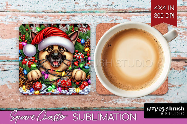 German Shepherd Funny Christmas Dog Square Coaster Sublimation OrangeBrushStudio 