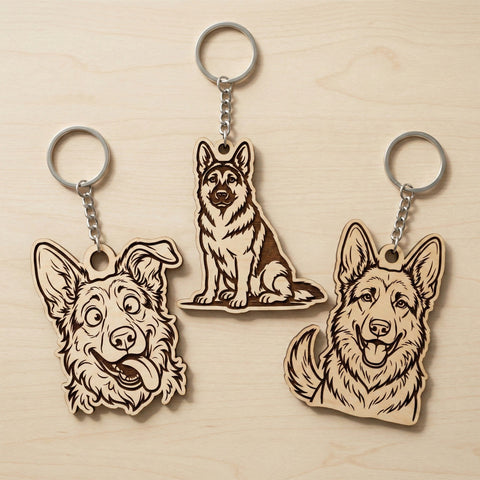 German Shepherd Keychain SVG Bundle, 6 Laser Cut Dog Keychain Files, Personalized Bone Design, Glowforge Cricut DXF EPS Cnc SVG HappyDesignStudio 