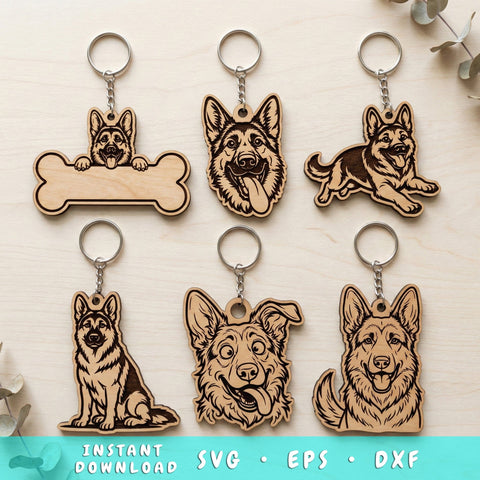 German Shepherd Keychain SVG Bundle, 6 Laser Cut Dog Keychain Files, Personalized Bone Design, Glowforge Cricut DXF EPS Cnc SVG HappyDesignStudio 