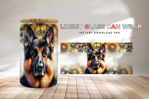 German Shepherd Libbey Glass Can Wrap, Dog Sunflower PNG Sublimation BijouBay 
