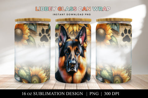German Shepherd Libbey Glass Can Wrap, Dog Sunflower PNG Sublimation BijouBay 