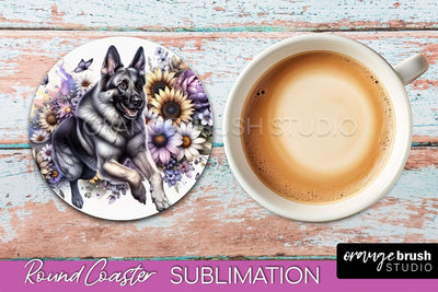 German Shepherd Round Coaster - Dog Mom Floral Coaster Sublimation Sublimation OrangeBrushStudio 