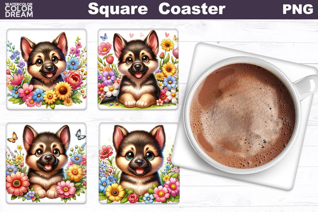 German Shepherd Square Coaster | Dog Flowers Square Coaster Sublimation WatercolorColorDream 