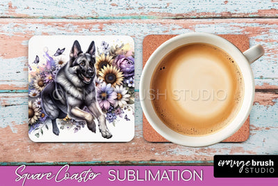 German Shepherd Square Coaster - Dog Mom Floral Coaster Sublimation Sublimation OrangeBrushStudio 