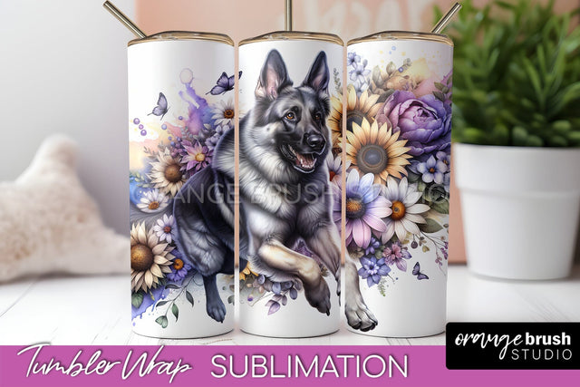 German Shepherd Tumbler Wrap - Dog Mom Floral Tumbler Sublimation Sublimation OrangeBrushStudio 