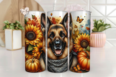German Shepherd Tumbler Wrap, Sunflower Pumpkin Design PNG Sublimation BijouBay 