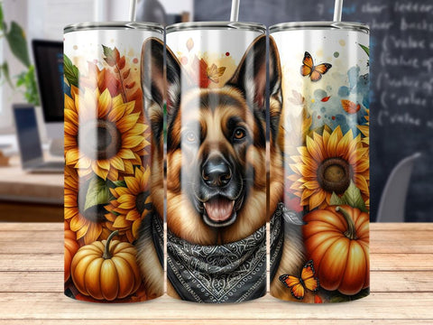 German Shepherd Tumbler Wrap, Sunflower Pumpkin Design PNG Sublimation BijouBay 
