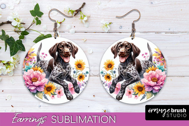 German Shorthaired Pointer Earrings - Dog Mom Floral Round Earring Sublimation Sublimation OrangeBrushStudio 