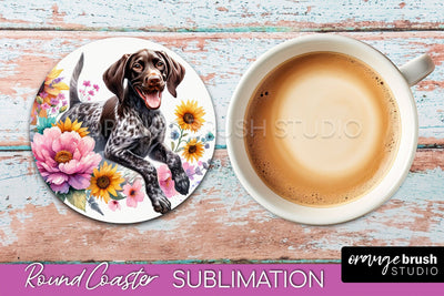 German Shorthaired Pointer Round Coaster - Dog Mom Floral Coaster Sublimation Sublimation OrangeBrushStudio 